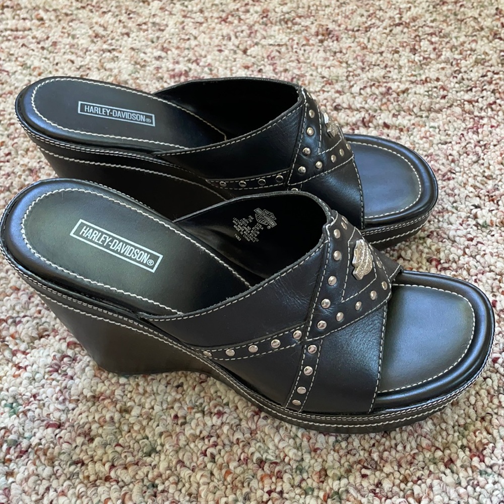 Harley wedge sandals black silver sz 9